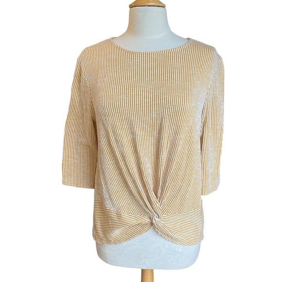 W5 Anthropologie Striped Twist Hem Shirt Mustard Beachy Coastal Fall Stretch-L - Picture 2 of 10